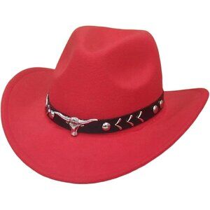 Unisex Watermelon 100% Polyester Bull Skull Band Classic Fedora Felt Cowboy Hat